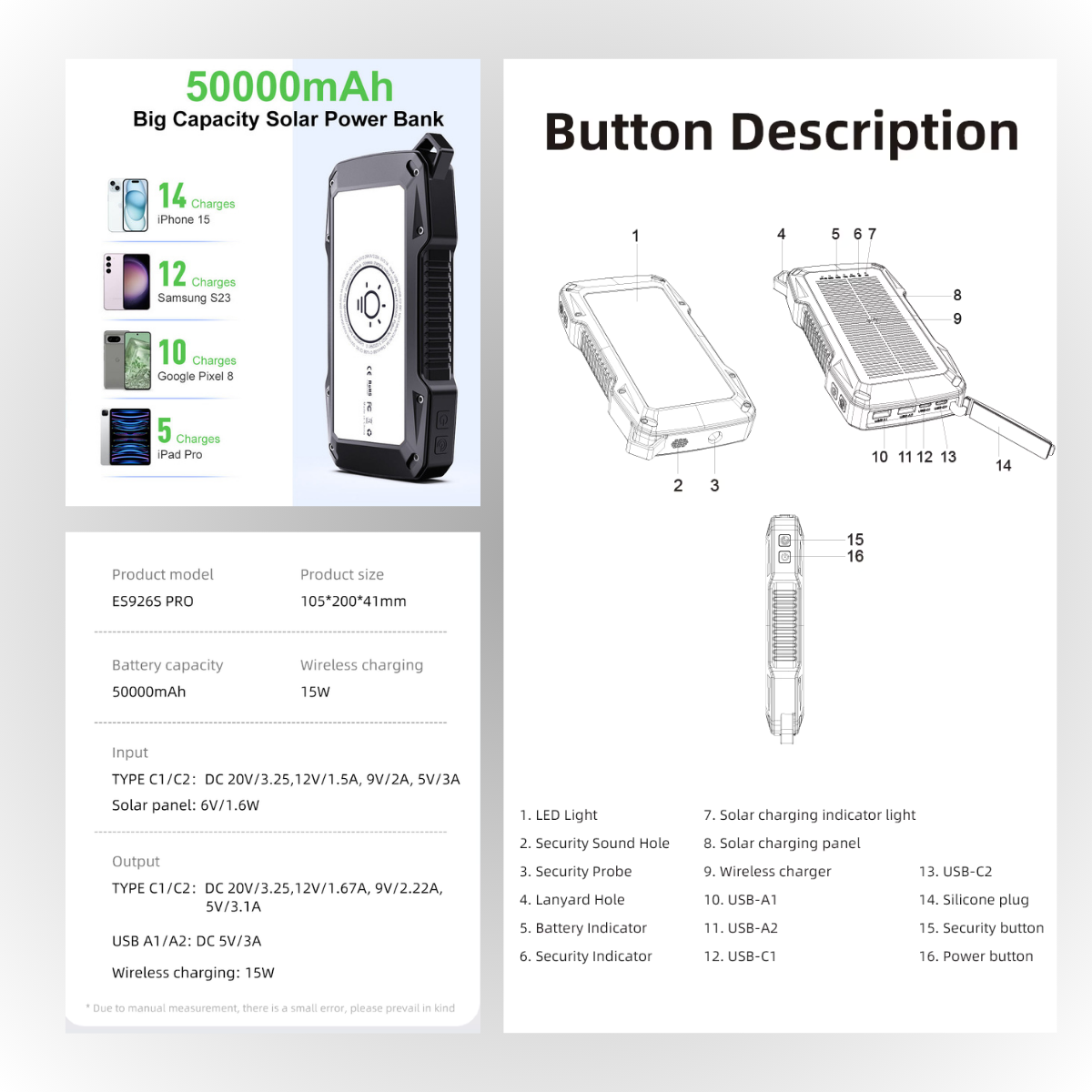 Solar USB Power Bank 50000mAh
