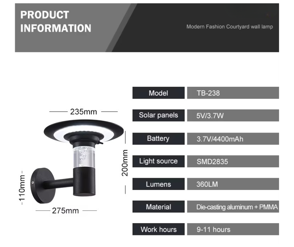 Applique murale solaire Courtyard-informations produit-LIPTENA SOLAR ENERGY